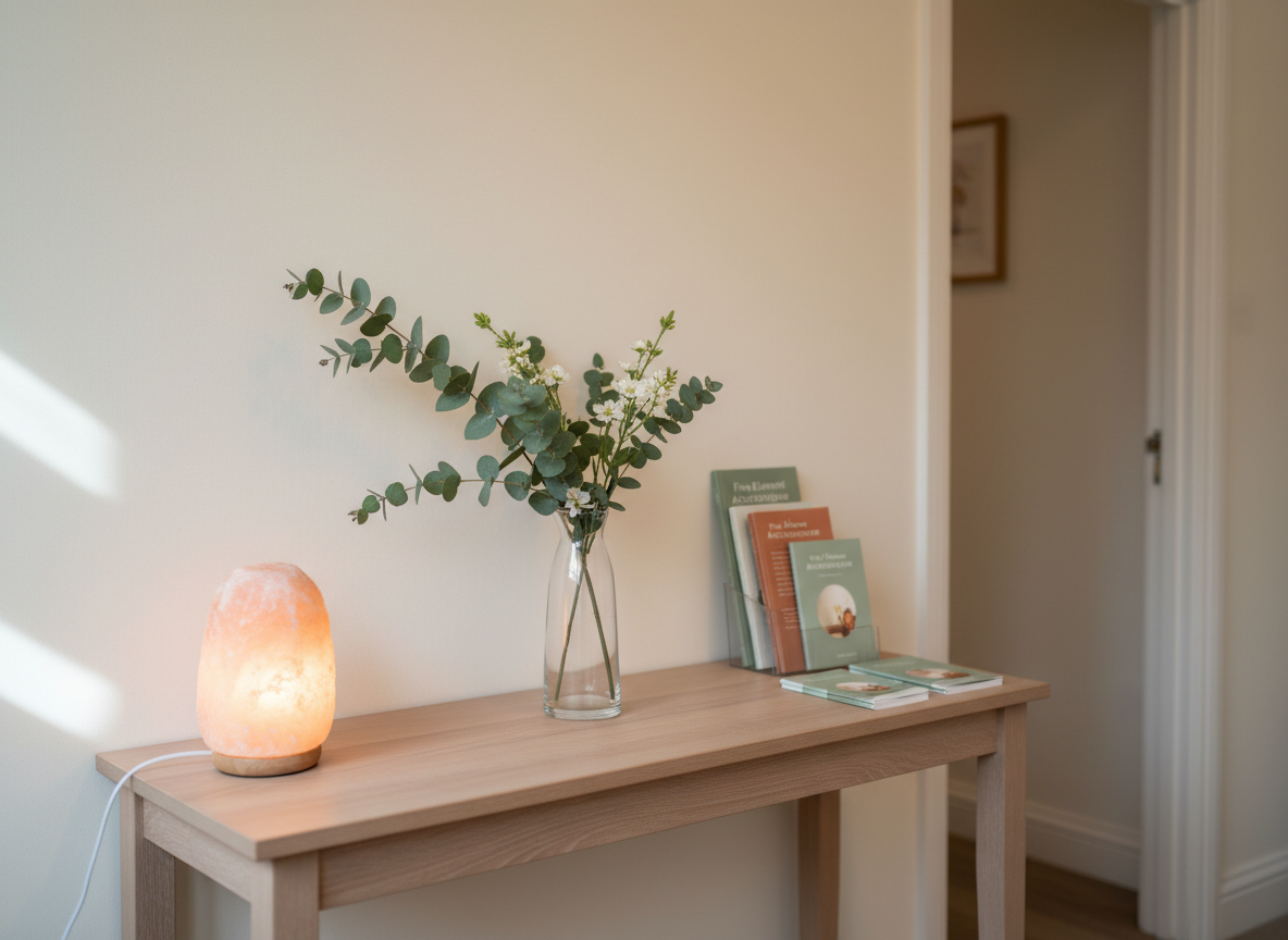 An inviting reception corner of an acupuncture clinic in Shrewsbury, shown in clean photographic realism. A minimalist ash-wood console table stands against a soft, warm white wall, holding a single clear glass vase with a simple arrangement of eucalyptus stems and white seasonal flowers. Beside it lies a neatly stacked set of informational brochures about five element acupuncture, their covers designed in muted greens and soft earth tones. A softly glowing salt lamp at one end casts a warm, amber light that gently blends with cool daylight streaming through an unseen window, creating a balanced, welcoming atmosphere. Shot at eye level with a slightly off-center composition, the image has a moderate depth of field, keeping the table in crisp focus while subtly blurring a doorway that suggests treatment rooms beyond.