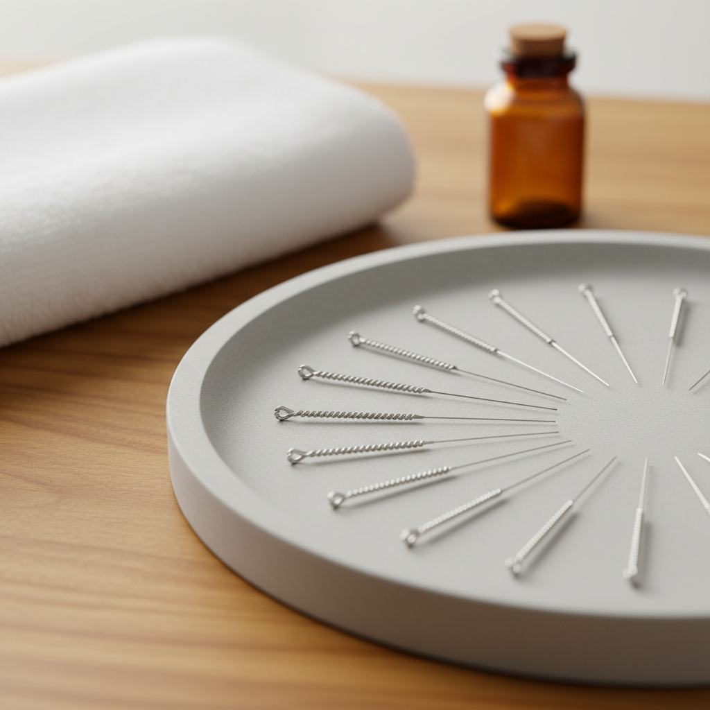 A close-up, photographic realism image of an elegant set of acupuncture needles arranged in a radial pattern on a smooth, pale stone tray. Each ultra-fine stainless-steel needle has a delicately coiled silver handle catching soft natural light from the left, creating tiny reflective highlights along the metal. The tray rests on a warm, honey-toned wooden surface with visible natural grain. In the softly blurred background, a folded white towel and a small amber glass bottle add context without drawing focus. The lighting is gentle and diffused, suggesting a quiet treatment space, with subtle, soft-edged shadows. Captured from a slightly elevated angle with a shallow depth of field, the overall mood is calm, refined, and highly professional, evoking trust and precision in acupuncture practice.