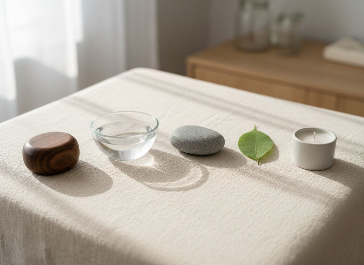 A refined, photographic image depicting the five elements philosophy for an acupuncture clinic. Five distinct natural objects are precisely arranged in a gentle arc on a smooth, neutral linen cloth: a polished piece of dark wood, a small bowl of clear spring water, a smooth grey stone, a delicate green leaf, and a small tealight candle in a matte white holder, unlit. Soft, indirect daylight from a nearby window bathes the arrangement, creating subtle highlights on the water’s surface and delicate shadows beneath each object. The background is softly blurred, revealing only hints of a tidy treatment room. Shot from directly above with balanced, centered composition, the scene feels contemplative, harmonious, and deeply grounded in nature, visually communicating the five element theory in a professional, modern way.